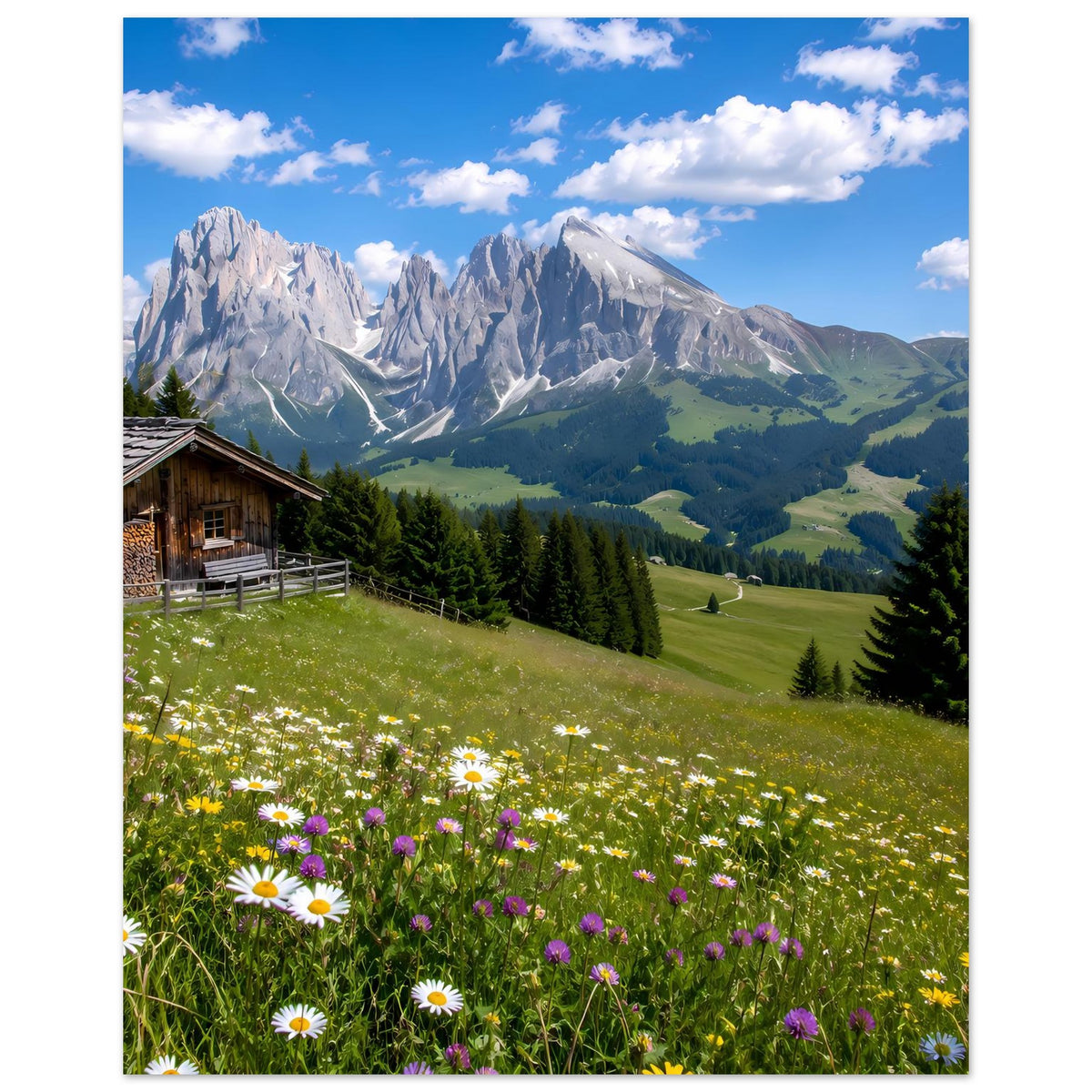 Landschaftsposter im Querformat: Alpenwiese mit Blumen, Berghütte und weite Berglandschaft.
