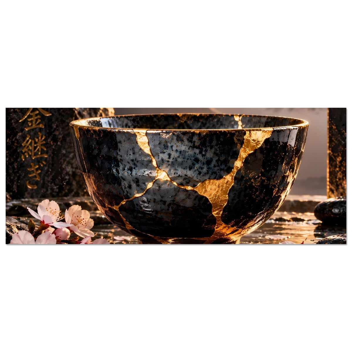 Kintsugi-Elegance-Poster (querformat) mit goldgerissener schwarzer Schale und Kirschblüten