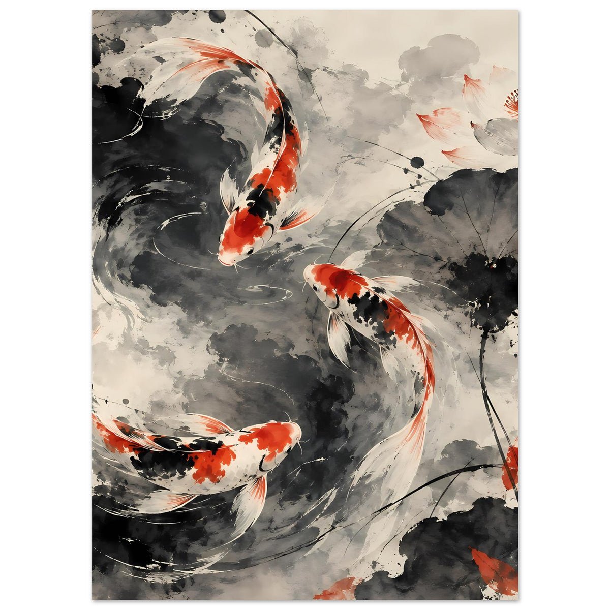Poster im Hochformat mit zwei Koi in geschwungener Form, schwarz-graue Tusche, orange Spritzer