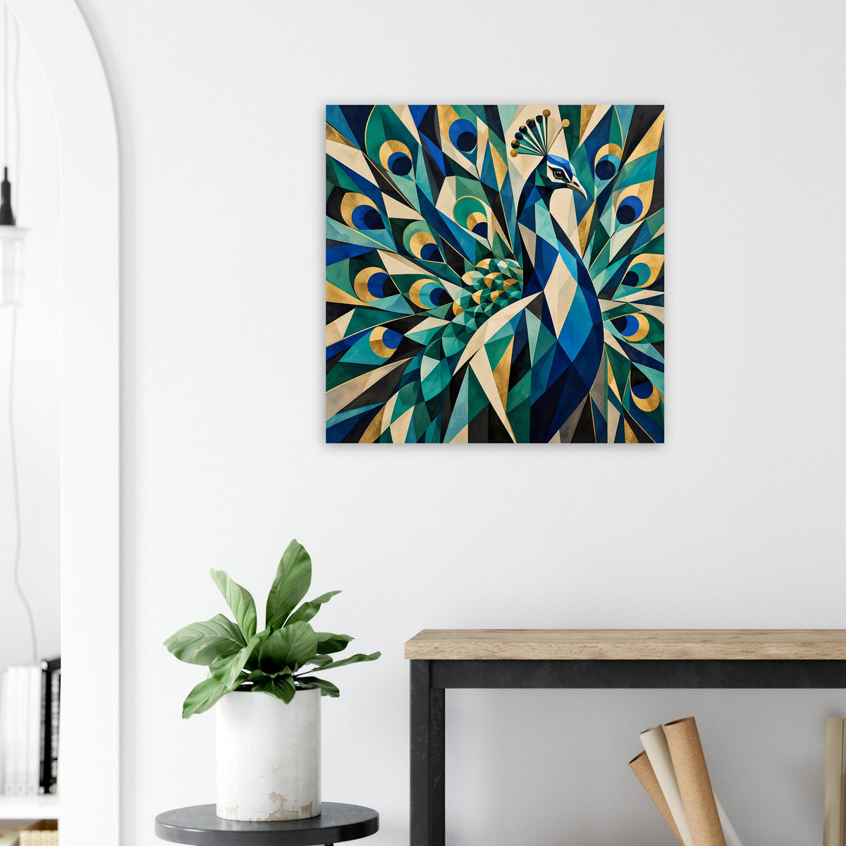 Pfauenmotiv-Poster im geometrischen Muster, Blau, Grün und Gold
