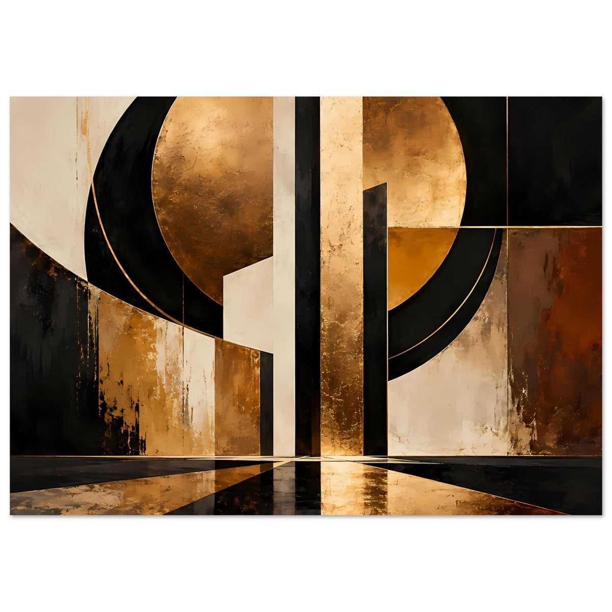 Abstraktes Gold-Schwarz-Artposter mit Kreis und Säule, kontrastreiche goldene und schwarze Zonen