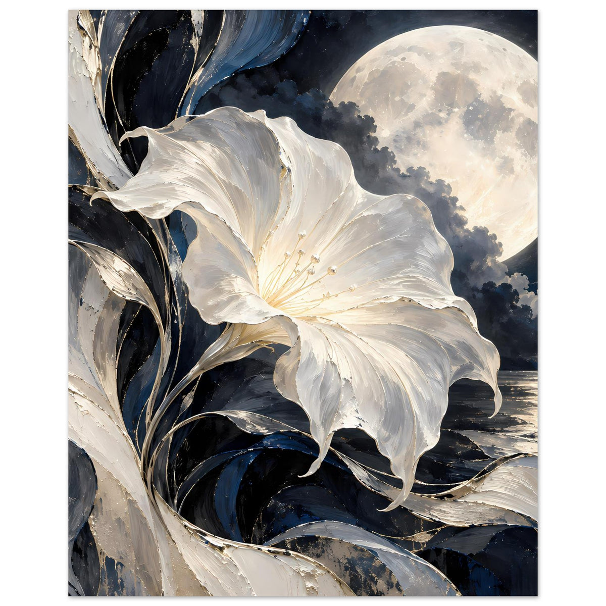 Blumenposter mit großer weißer Blüte und Mondsichel, blickdichte Wolkenformen