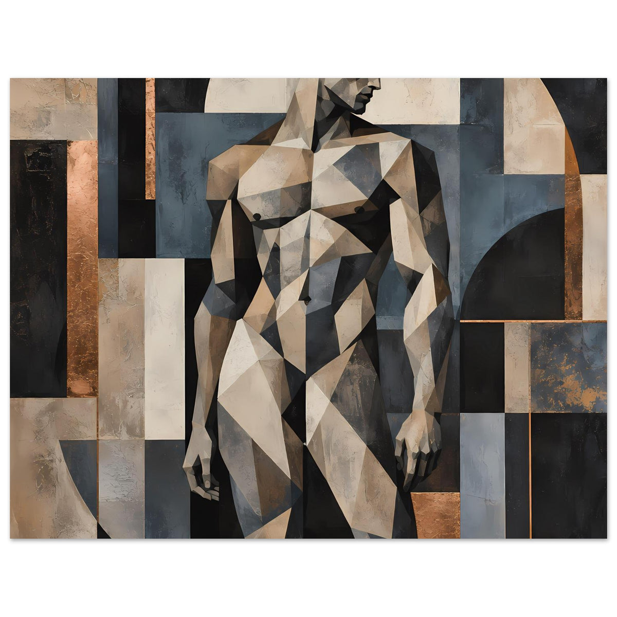 Kunstposter mit geometrischer Aktfigur, Brust- bis Kopfbereich, warme Erdtöne, beige und blau-grau