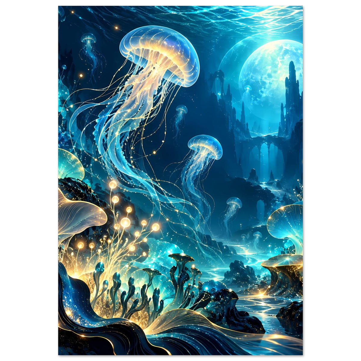 Unterwasserwelt-Poster (hochkant) mit leuchtender Qualle, blauem Wasser, Korallenboden und goldenen Funken