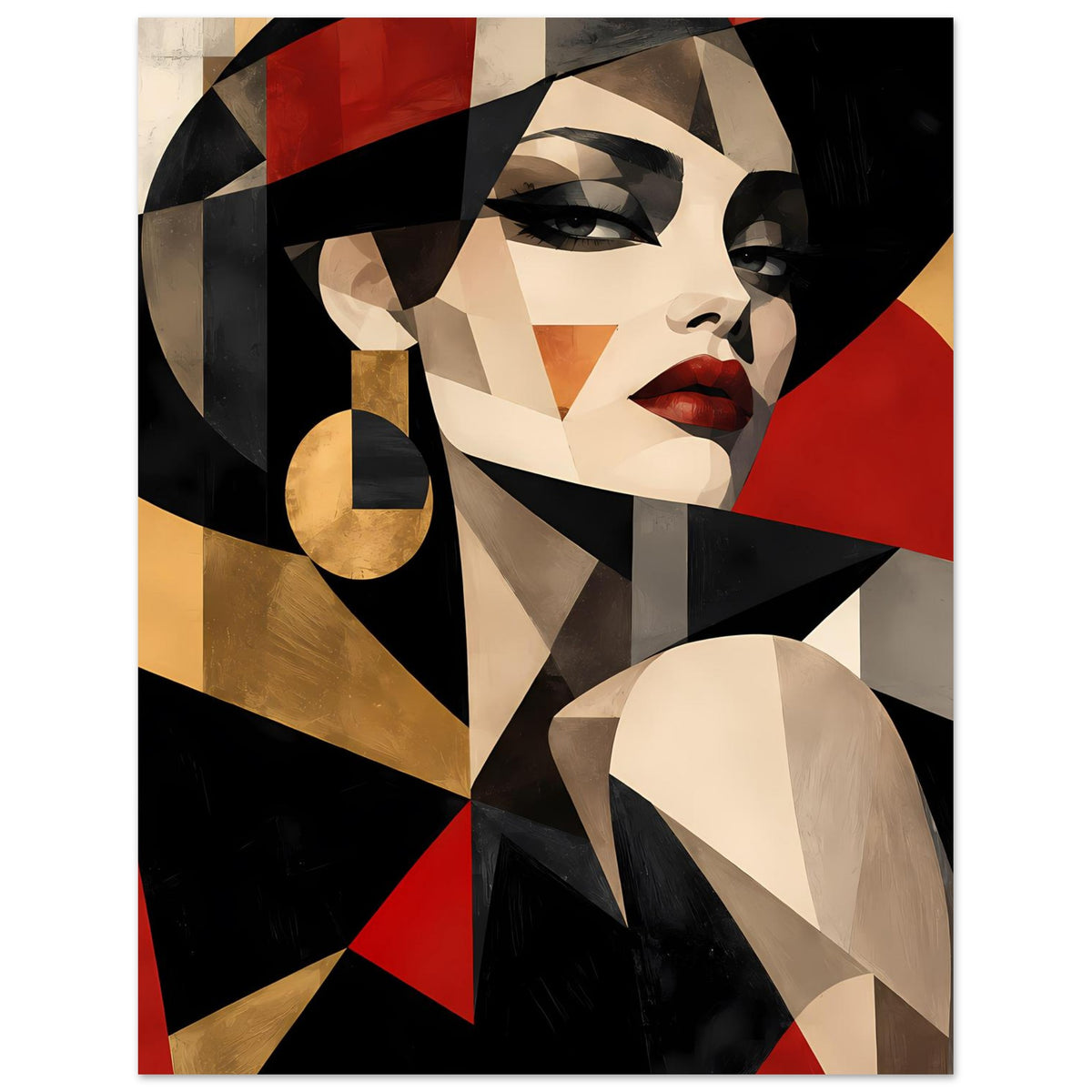 Abstraktes Frauenporträt mit geometrischem Schleier, rotem Mund und Rot/Schwarz/Gold