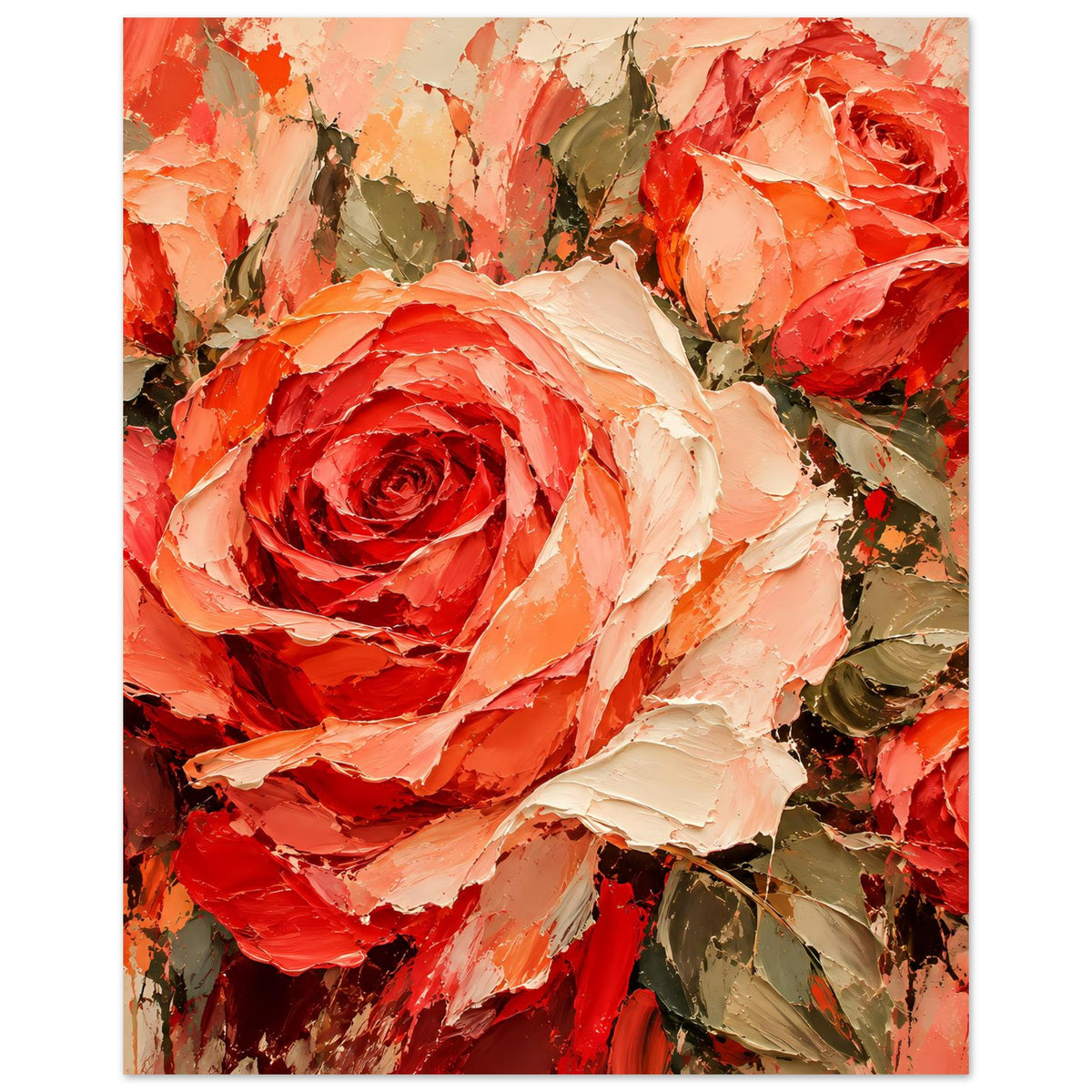Wandposter mit Detail-Rose: roter Mittelpunkt, cremefarbene Blütenblätter, grüne Blätter