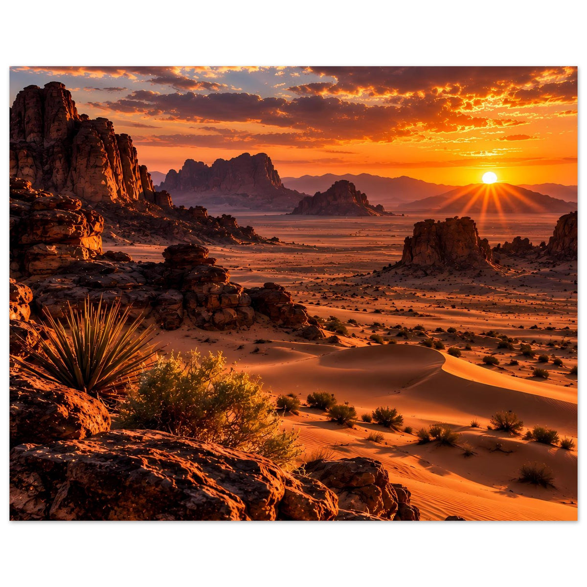 Horizontales Poster mit Wüstenlandschaft bei Sonnenuntergang, Dünen und Felsformationen.