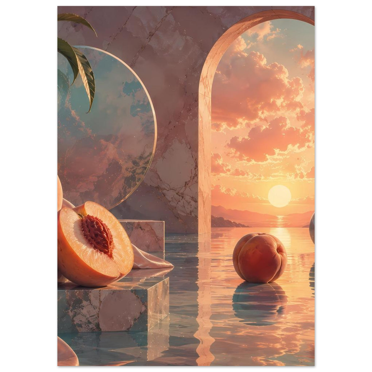Poster mit Pfirsichstillleben: halbierter Pfirsich, ganzer Pfirsich, Bögen und Wasserlandschaft