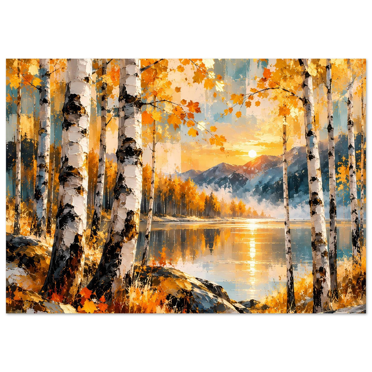 Herbstliches Landschaftsbild-Poster mit Birken, See und orangefarbenen Blättern im Sonnenlicht