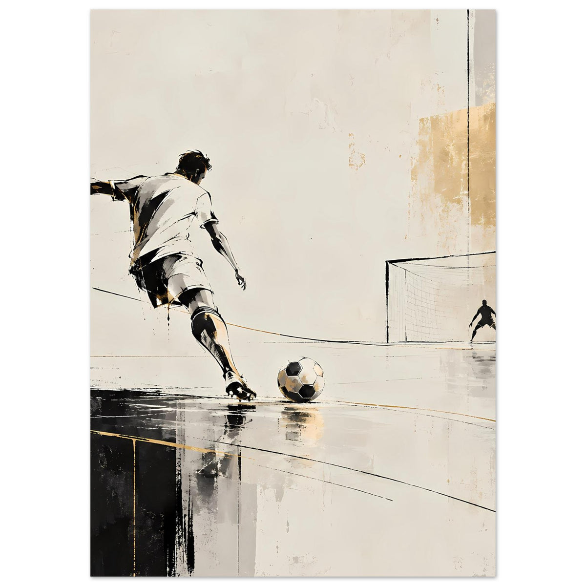 Sportposter mit Fußballer im weißen Trikot, Ball auf der Fläche und Torfigur