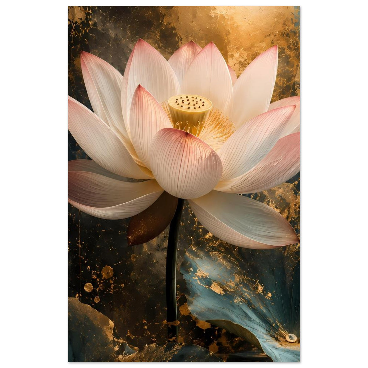 Gerahmtes Poster mit Lotusblüte: weiße Blütenblätter, goldene Mitte, zarte rosa Bereiche.