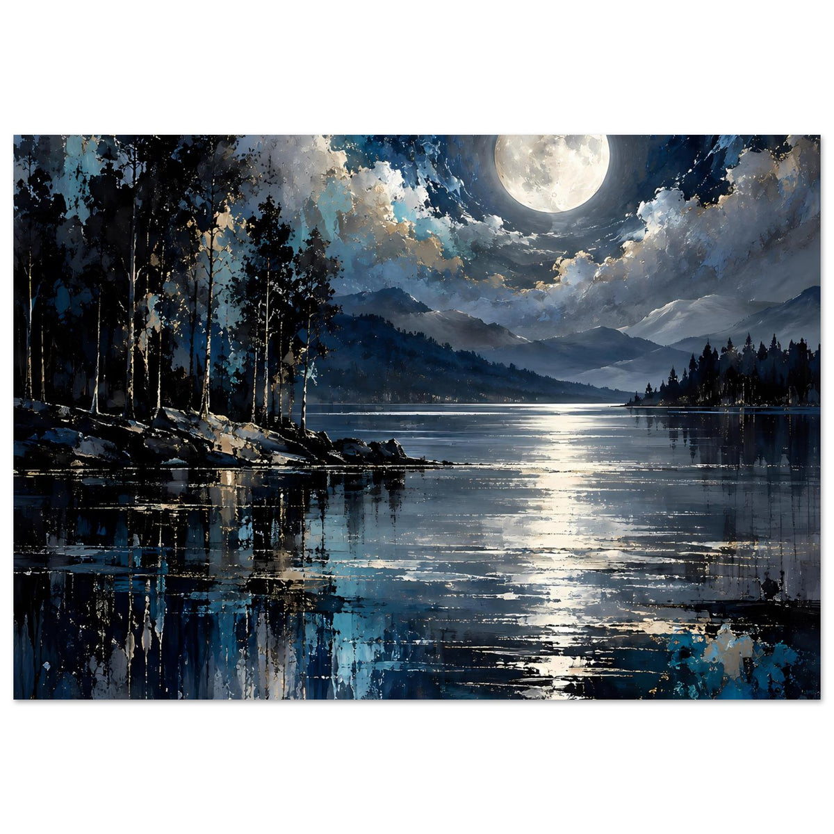 Querformatiges Landschaftsposter mit Vollmond am Nachthimmel, See-Reflexionen und Wald