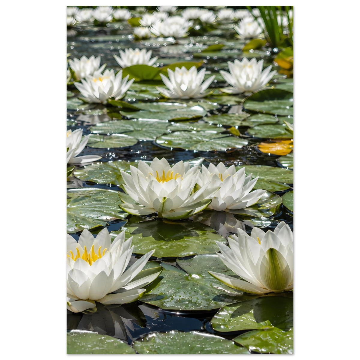 Poster im Hochformat mit weißen Seerosen auf Wasserpflanzen, mit gelben Staubfäden