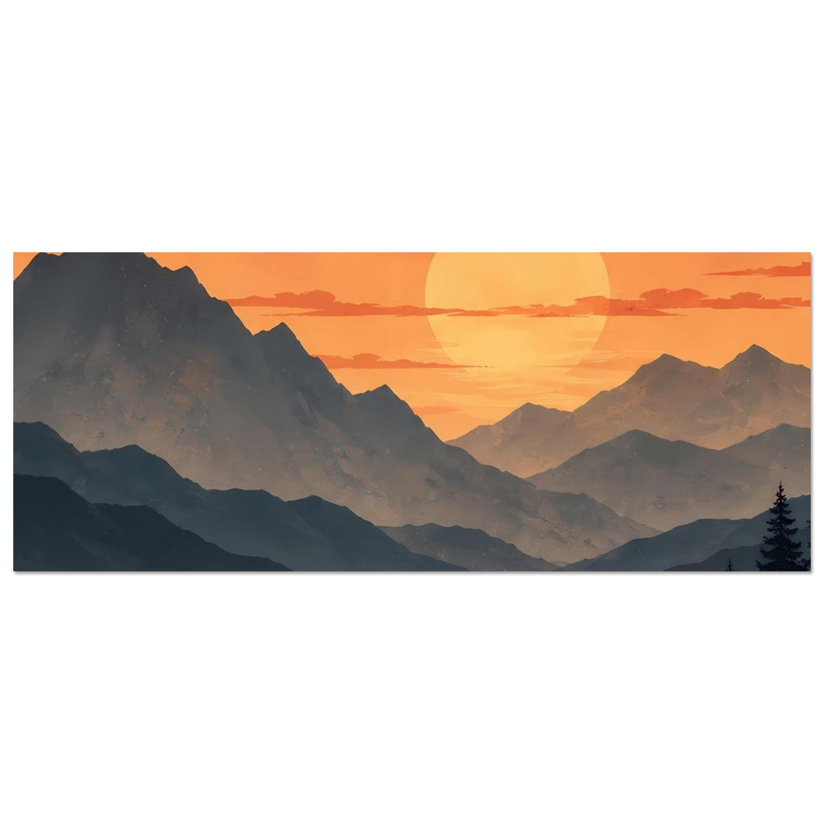 Horizontales Wandposter: orange Sonne über Bergsilhouetten und Seeufer mit Tannen
