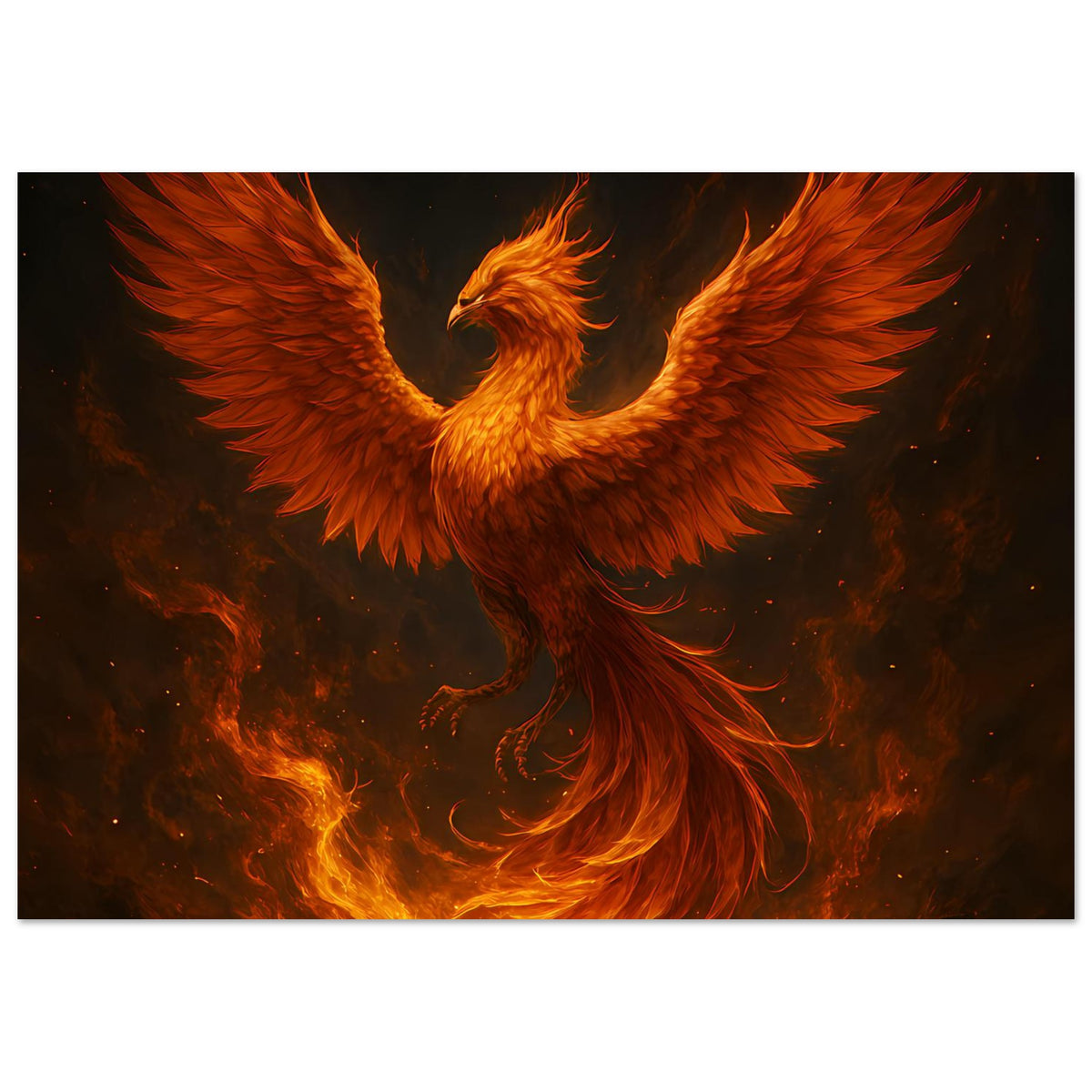 Feuriges Phönix-Poster (Querformat) mit weit ausgebreiteten Flügeln über Flammen