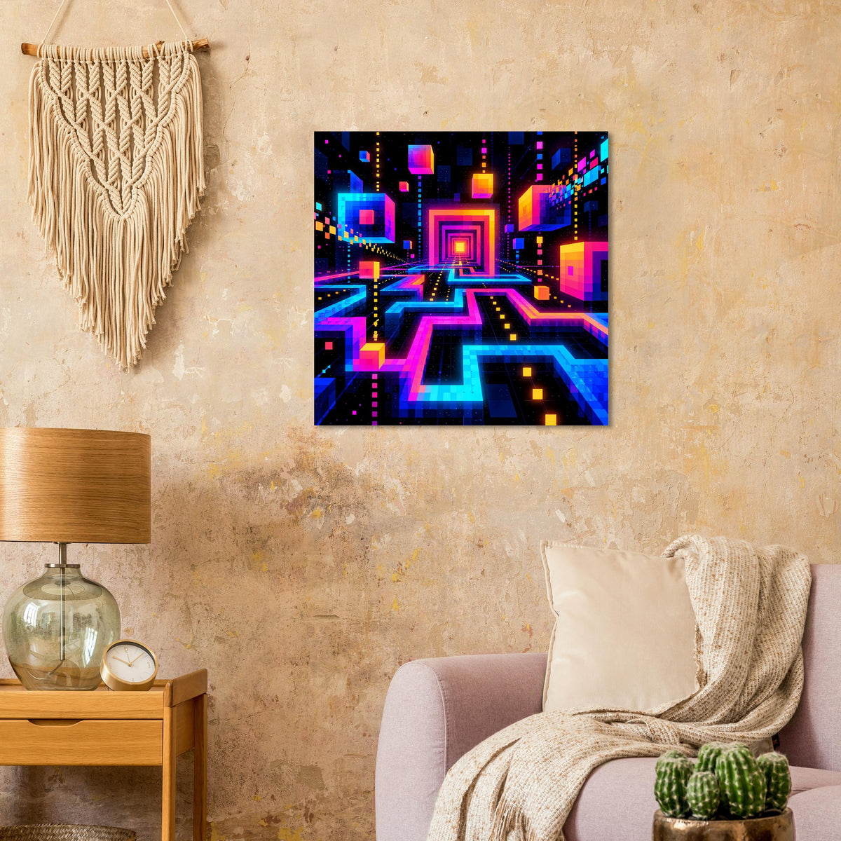 Quadratisches Poster mit leuchtendem Neon-Labyrinth aus Linien und Quadraten, blau und magenta