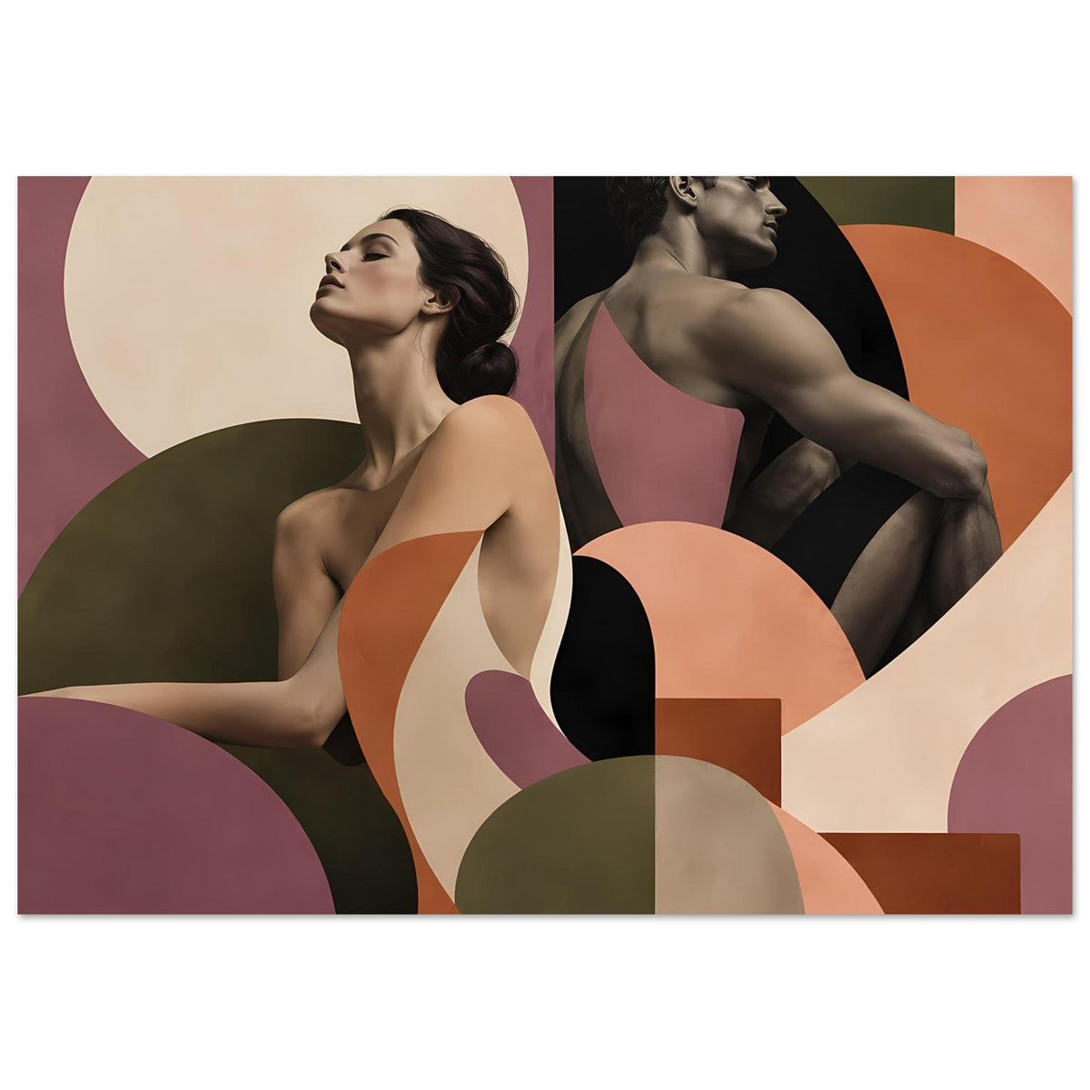 Figurenposter mit zwei weiblichen Silhouetten, Terrakotta- und Mauvefarben, geometrische Kreise