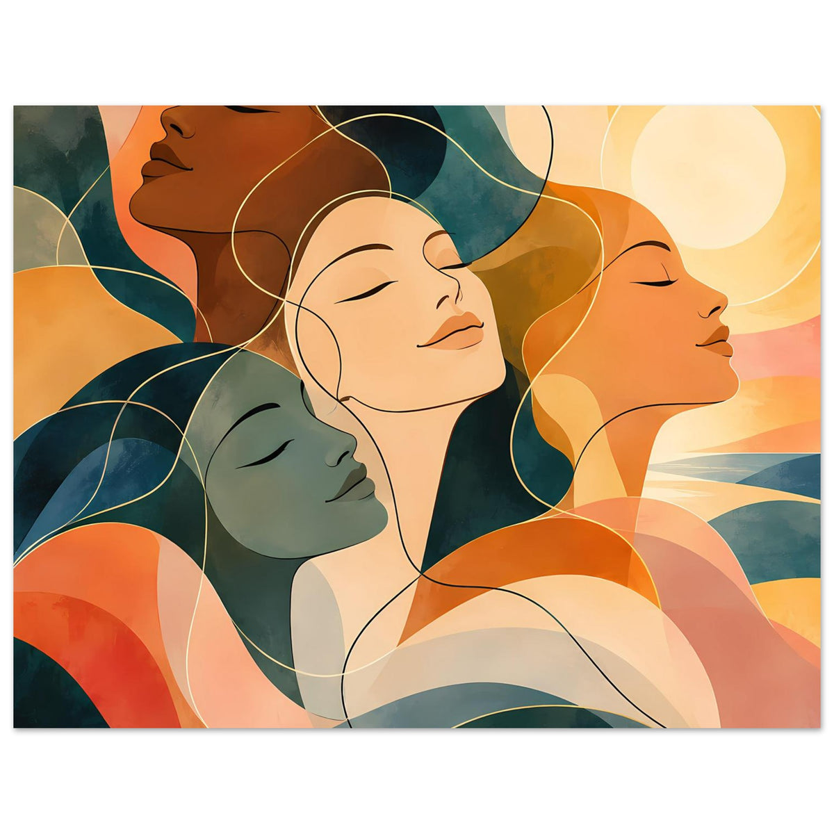Kunstposter mit vier Frauen-Porträts in warmen Erdtönen und Blau, minimalistische Linienzeichnung