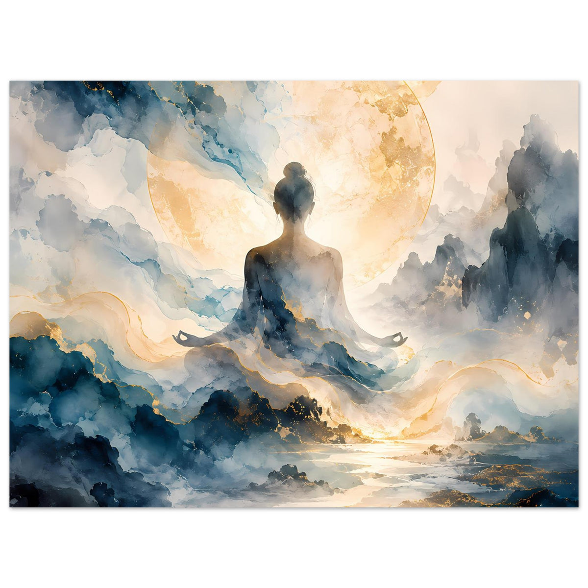 Zen-Poster: Meditierende Figur vor goldener Lichtscheibe, Blauschattierungen im Himmel