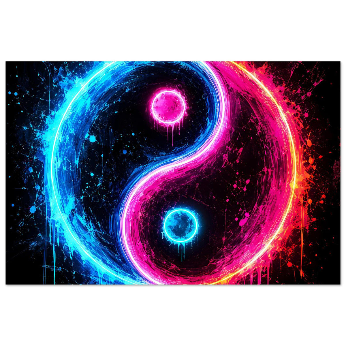 Breites Poster mit Yin-Yang-Lichtsymbol in Neonblau und Neonpink vor dunklem Hintergrund