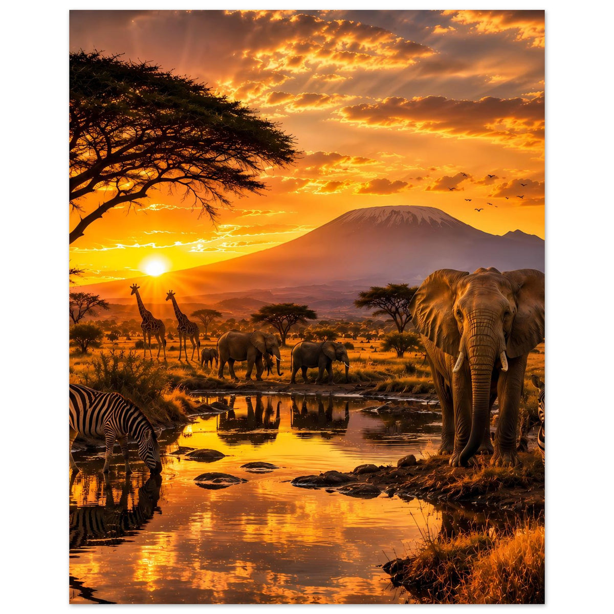 Vertikales Premium-Poster mit Sonnenuntergang im Afrika-Stil: Elefant, Zebras, Giraffen am Wasser