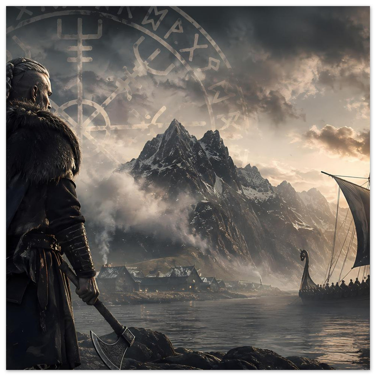 Poster mit Wikingerkrieger am Rand, Langschiff und Runenbogen über Fjordlandschaft