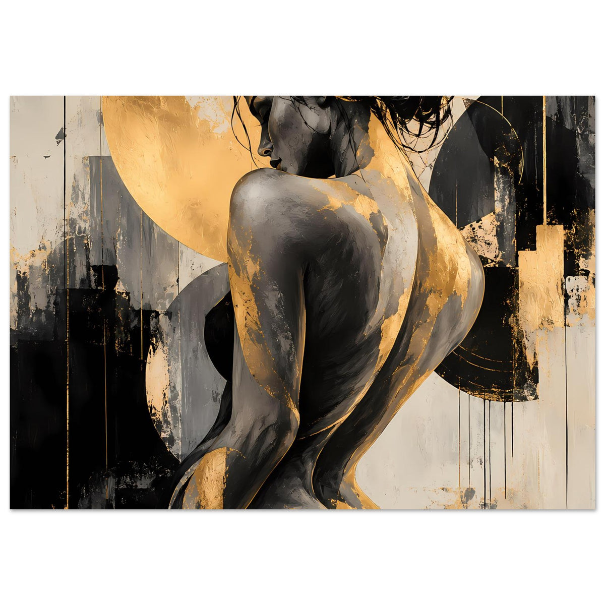 Abstraktes Poster mit Akt-Figur in Schwarz-Gold, vollständiges Motiv mit kontrastreichen Flächen