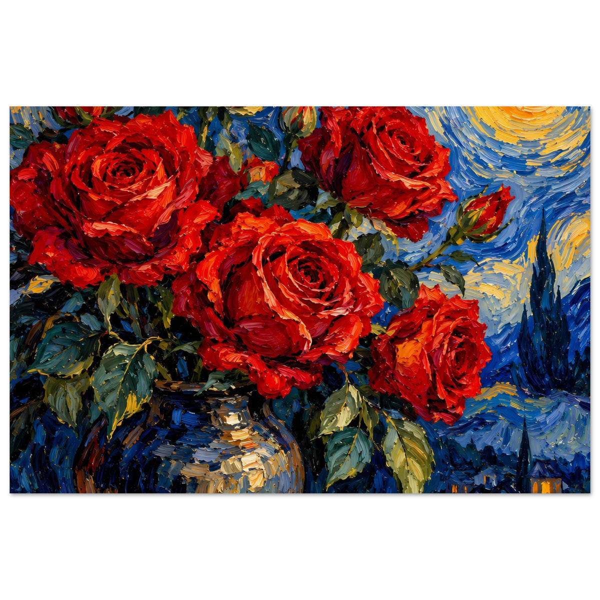 Poster mit roten Rosen und blau-gelbem Himmel, Bouquetdarstellung im Querformat