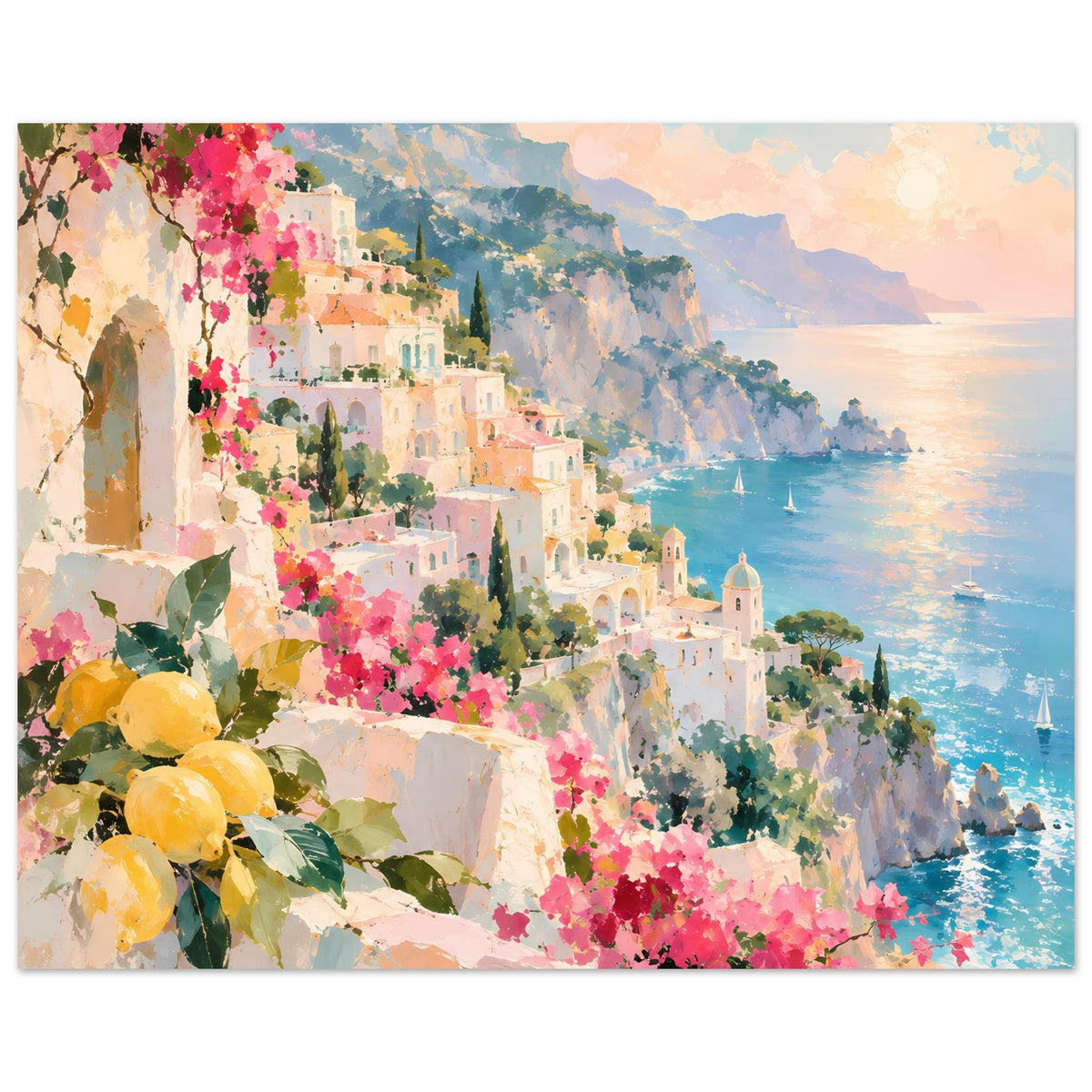 Mediterranes Küstenstadt-Poster im Querformat, blaues Wasser, pinke Blüten und Zitrone