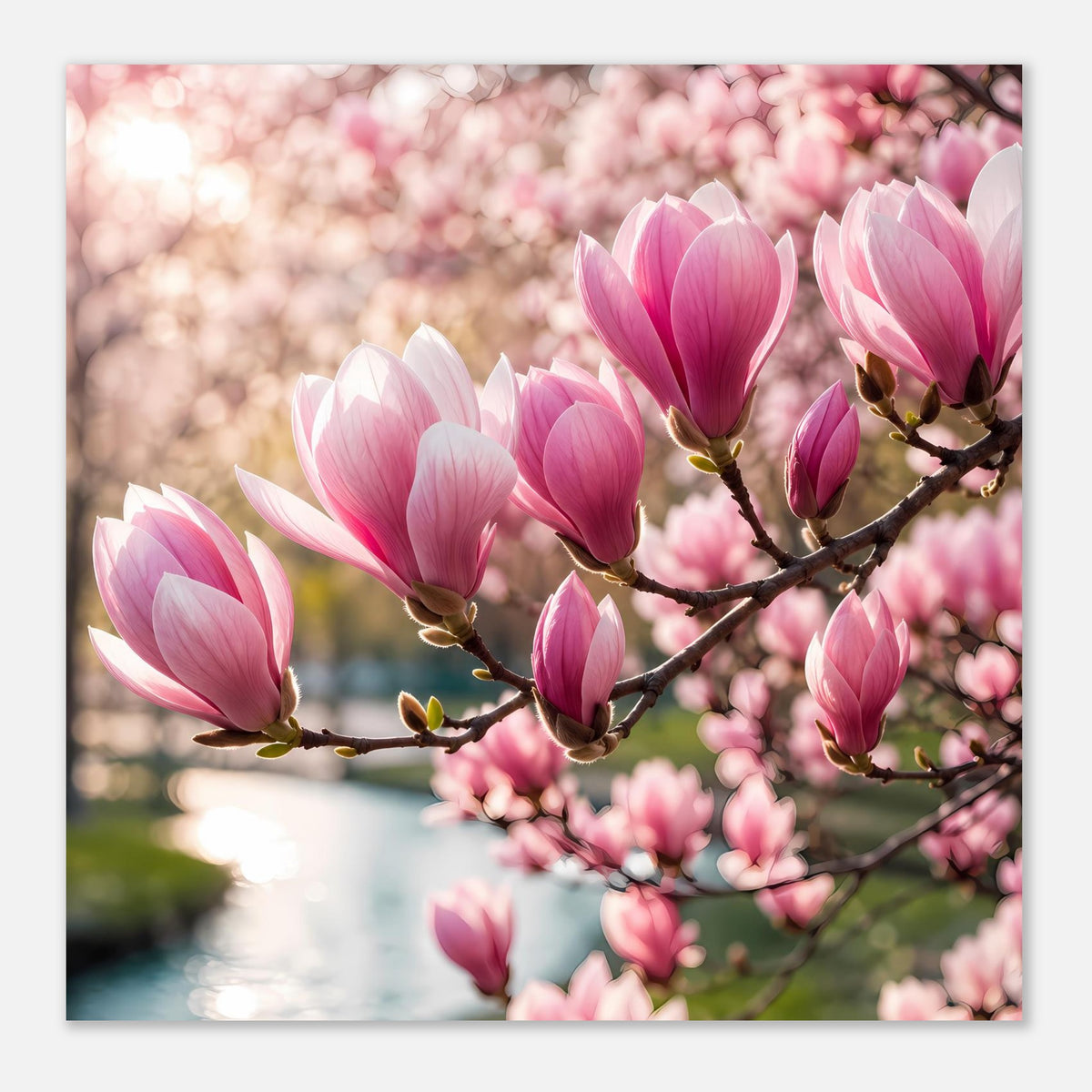 Blumenposter mit Magnolienblüten in Pink und Weiß, diagonale Zweigführung