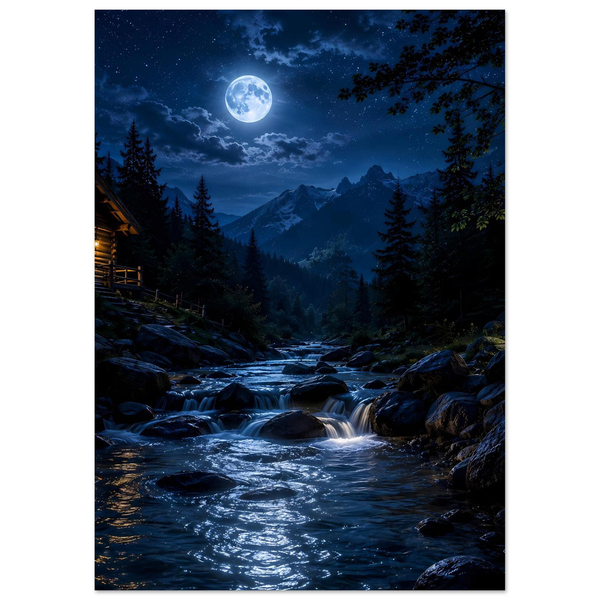 Hochformat-Poster: Vollmond über Bergbach, Felsen und dunklem Nadelwald