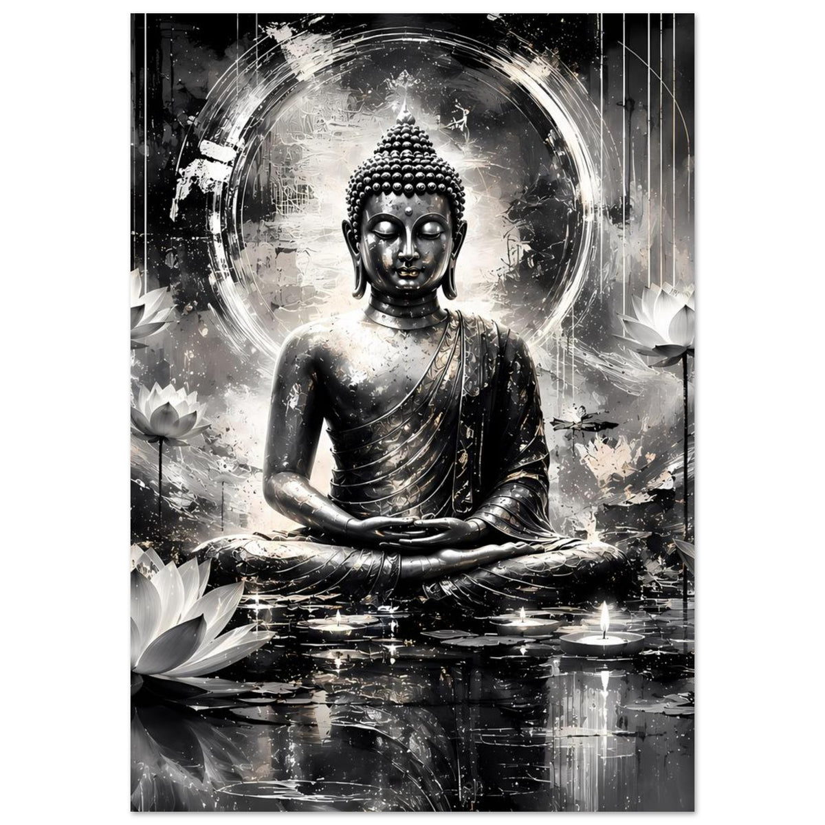 Buddha-Art Poster schwarzweiß: sitzender Buddha, Lotusblätter und Lichtkreis im Hintergrund
