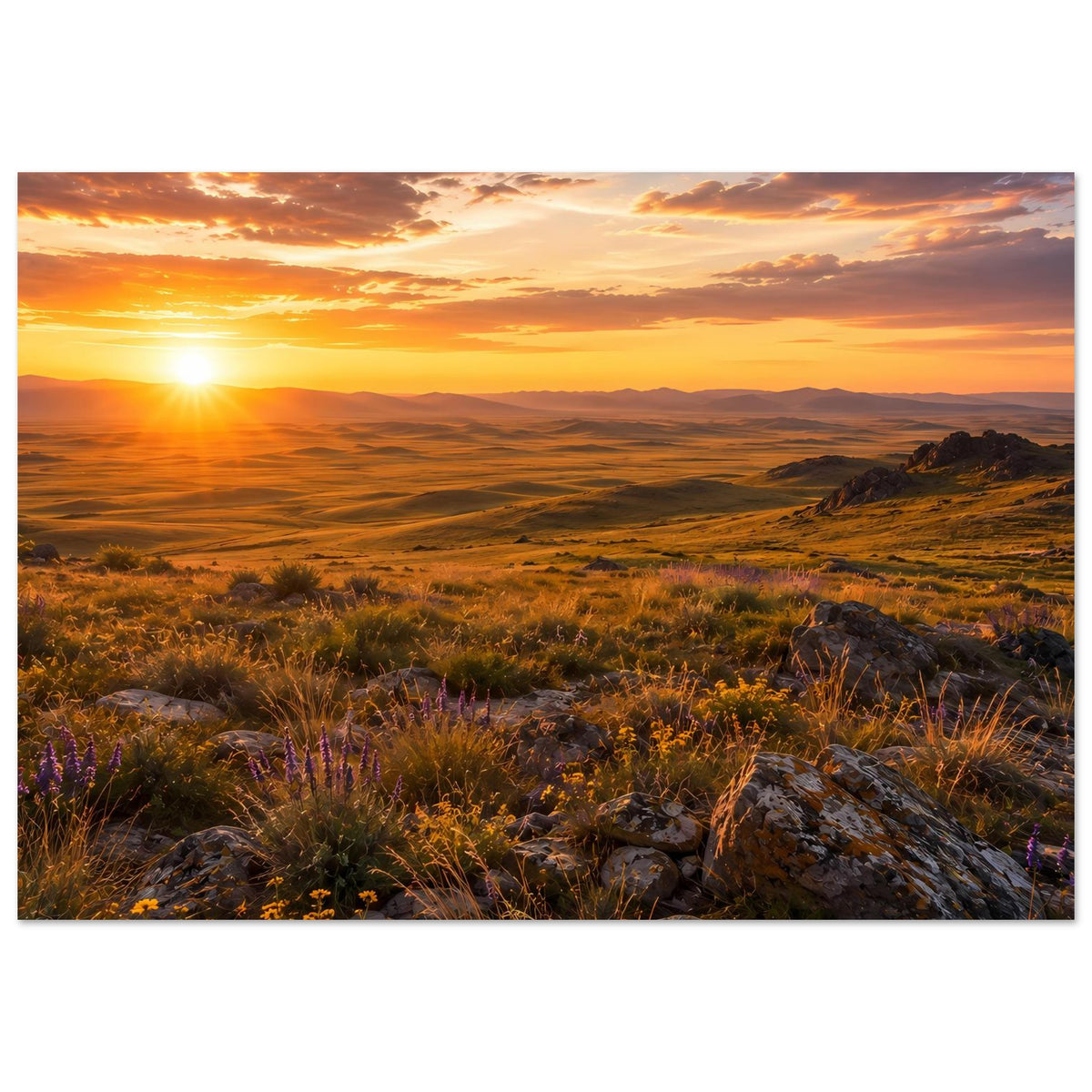 Querformat-Landschaftsposter mit Sonnenaufgang über Hügeln, Feldern und Felsen im Vordergrund