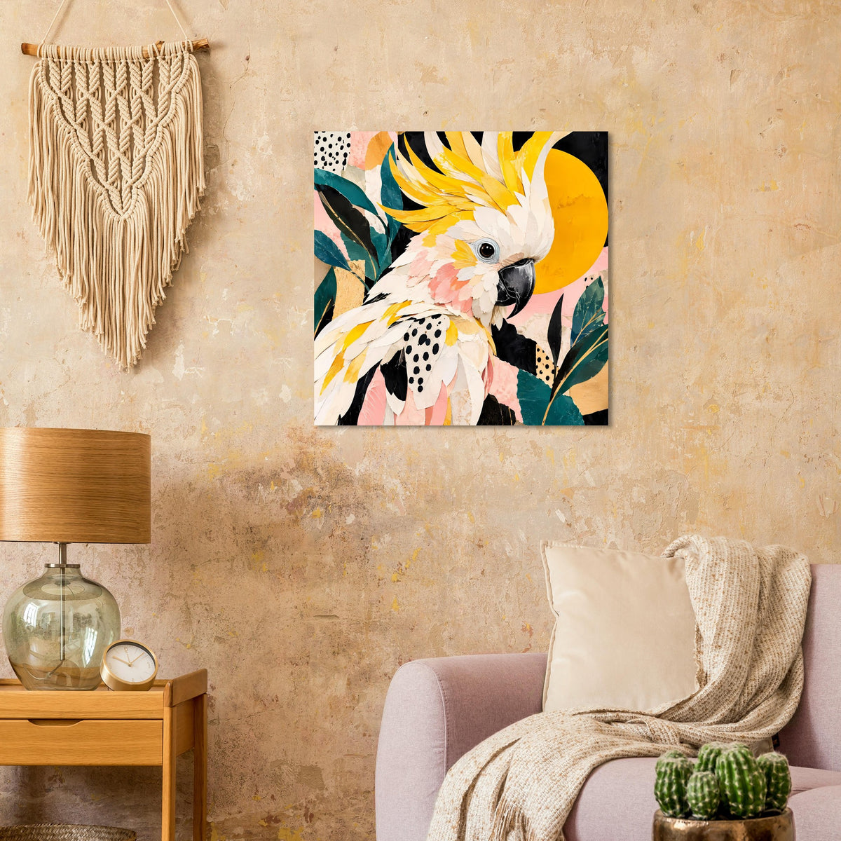 Tropisches Vogelkunst-Poster mit Kakadu in Gelb, Rosé und Petrol