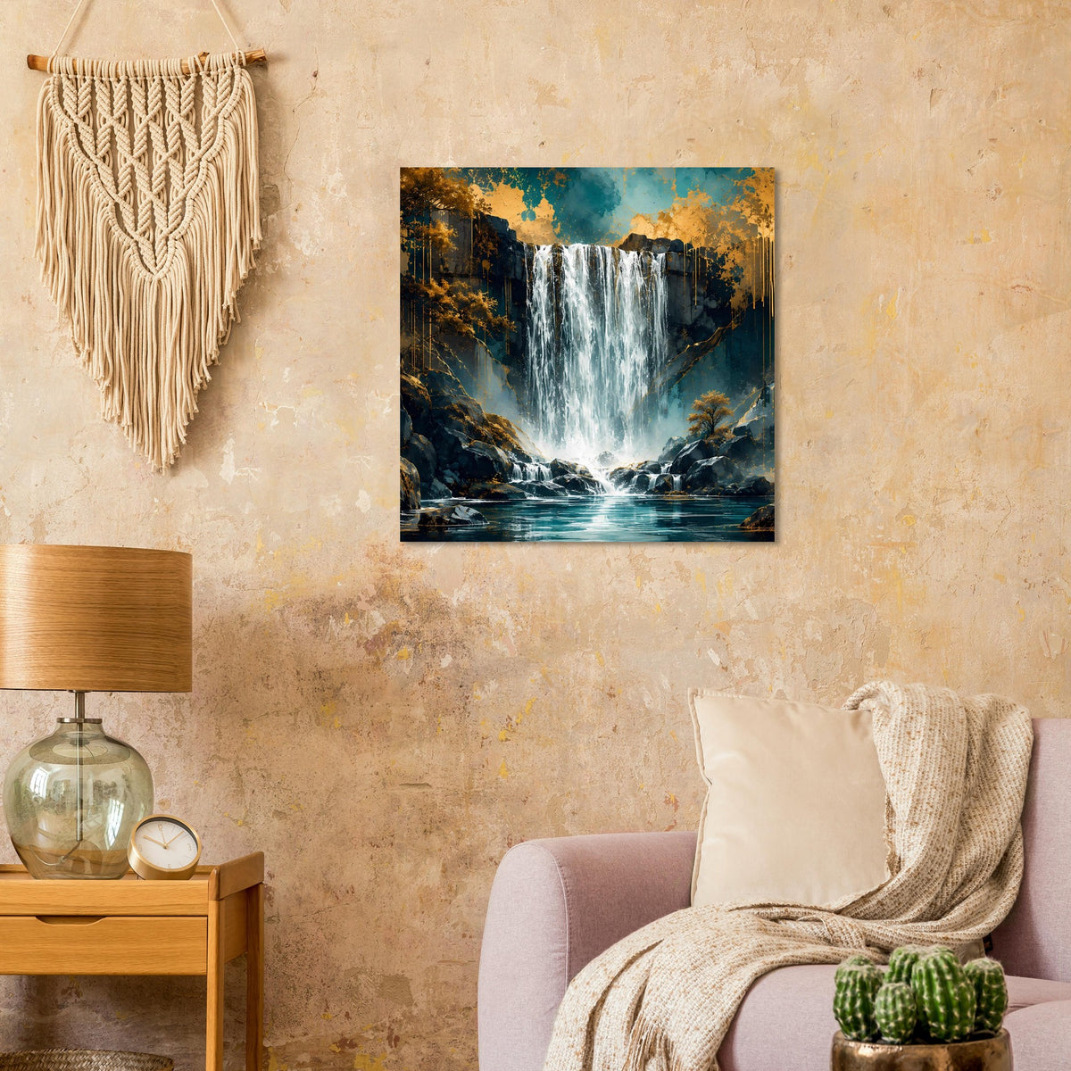 Wasserfall-Poster: breiter Fall über Felsen, türkisfarbenes Wasser mit goldenen Highlights