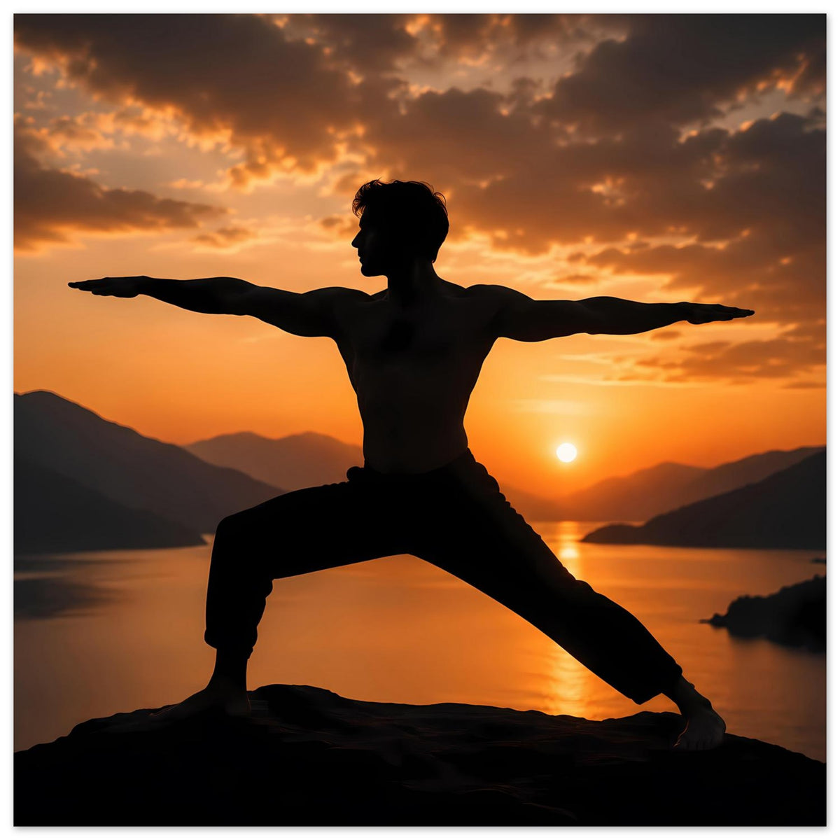 Yoga-Poster: Silhouette in Kriegerpose, Sonnenuntergang über See, Querformat
