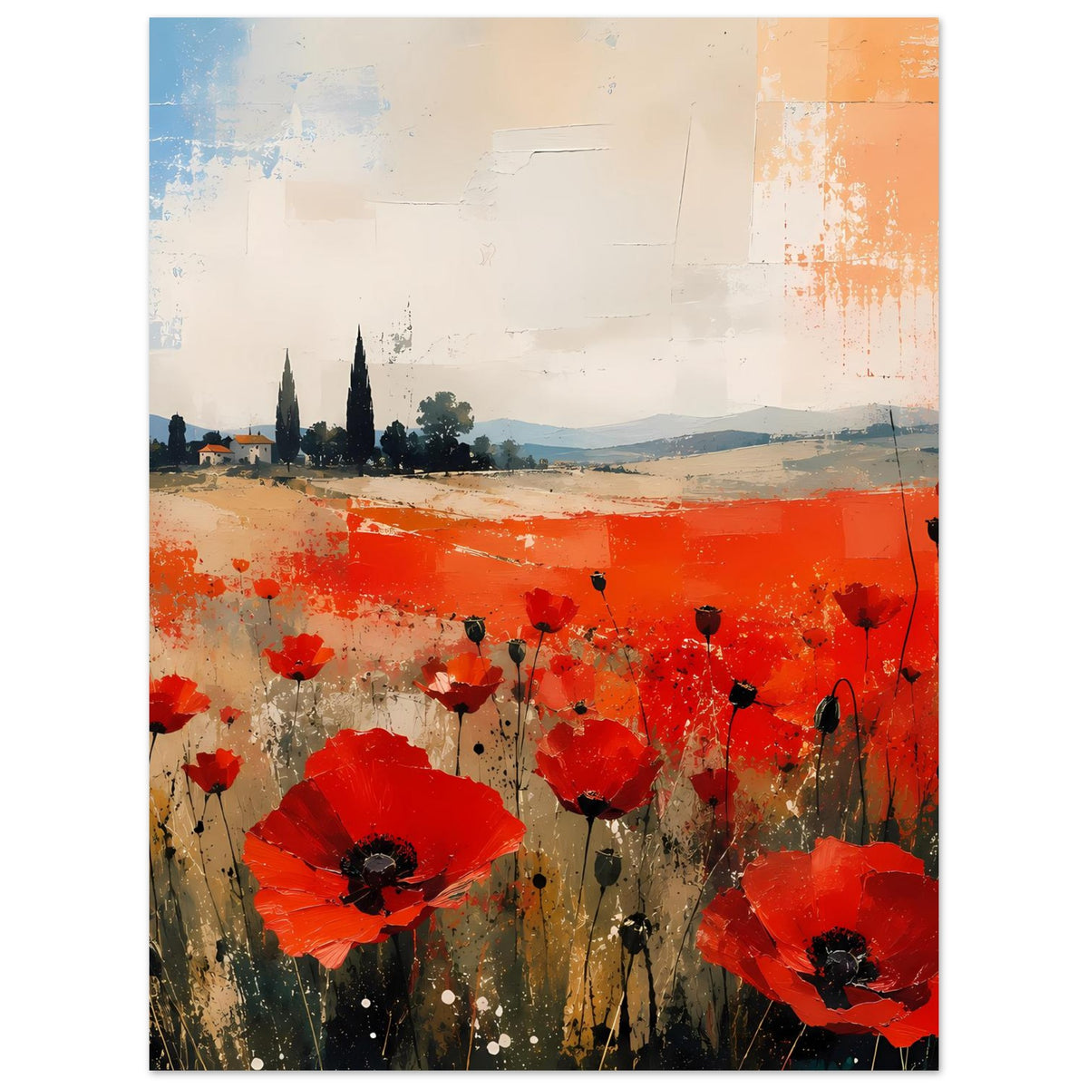 Poster mit rotem Mohnblumenmotiv und abstrakter Landschaft, Blumen im Vordergrund