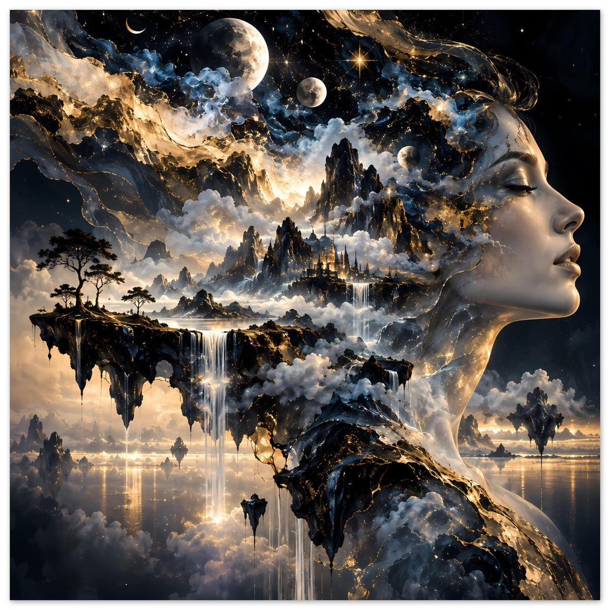 Surreales Poster: Frauenprofil im Kosmos, leuchtende Wolken, Sterne und Wasserfall