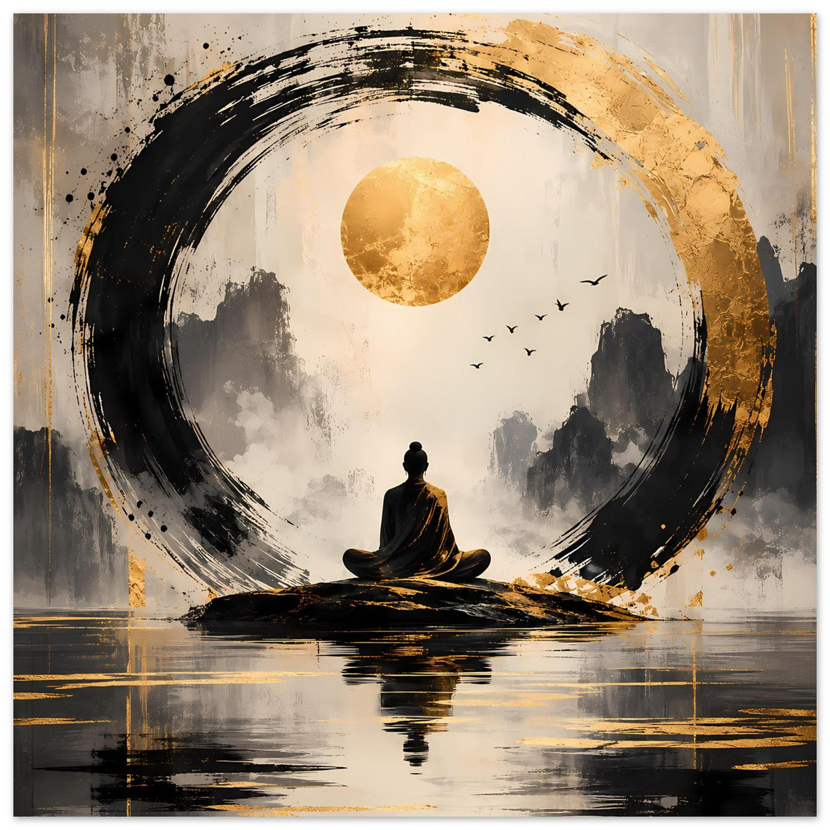 Meditationskunstposter: goldener Kreis, schwarze Pinselstriche, sitzende Figur vor wolkigen Flächen