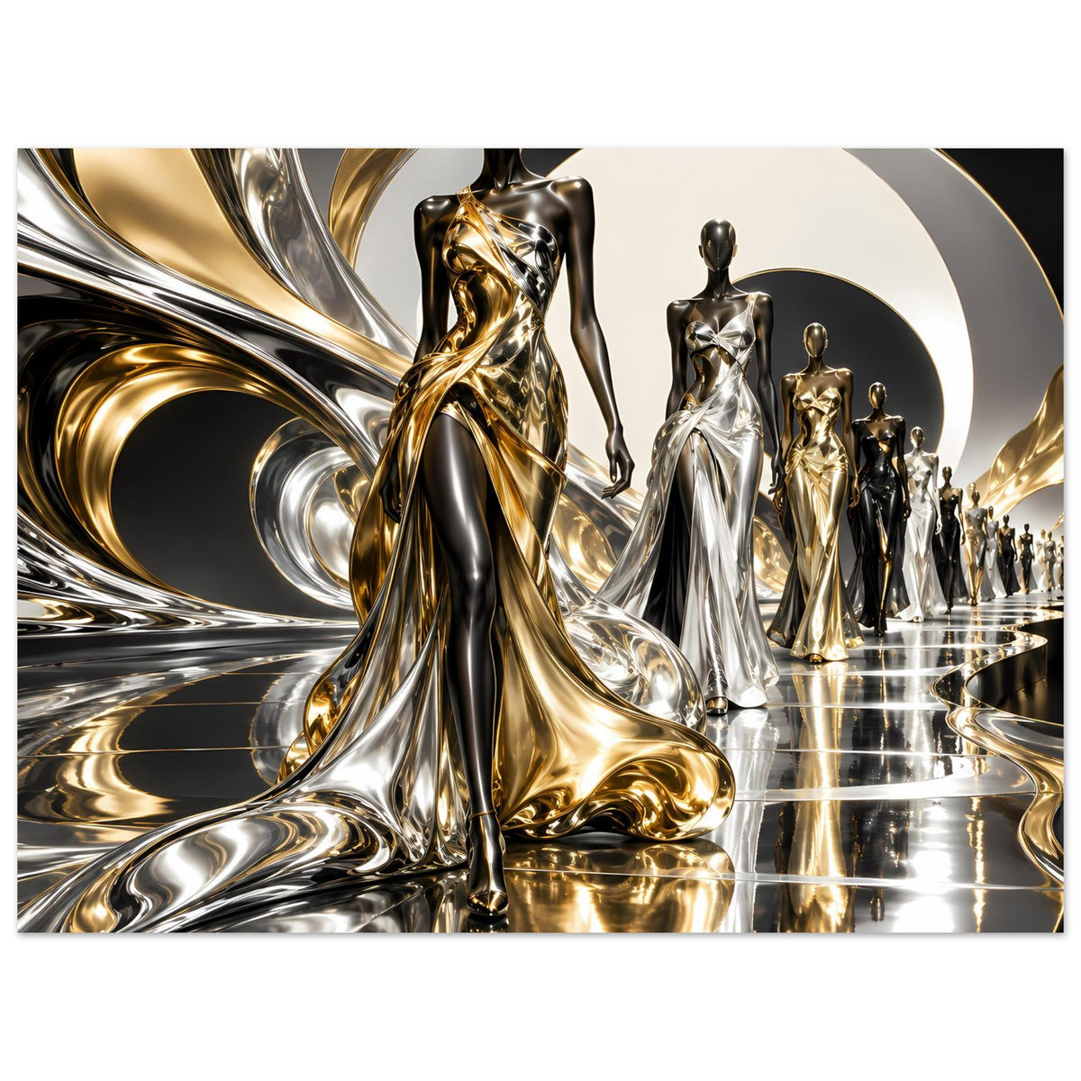 Poster mit gold-silbernem Wellenbogen und mehreren stilisierten Statue-Figuren
