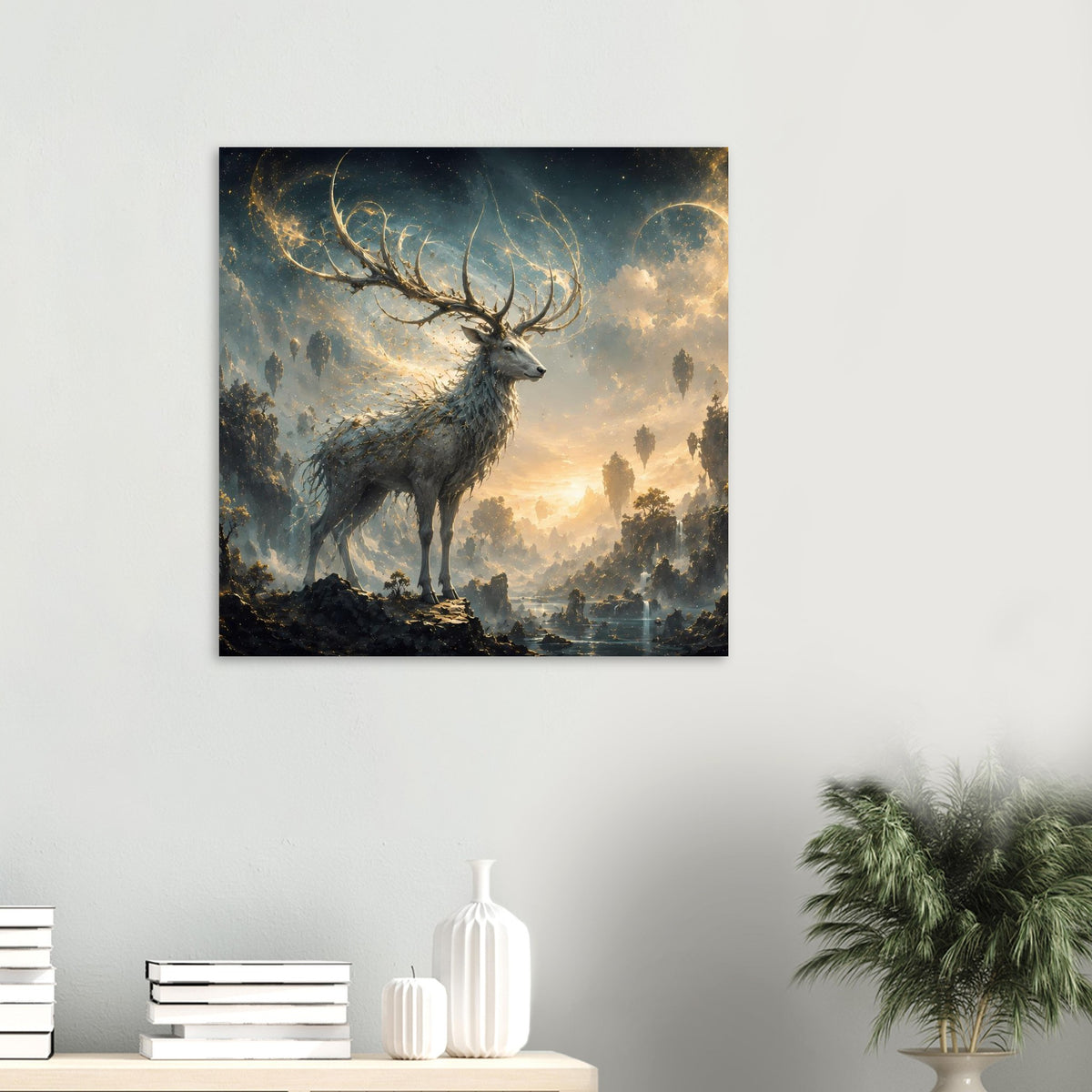 Quadratisches Fantasy-Poster mit Hirsch in dunklem Wald und leuchtendem Himmel