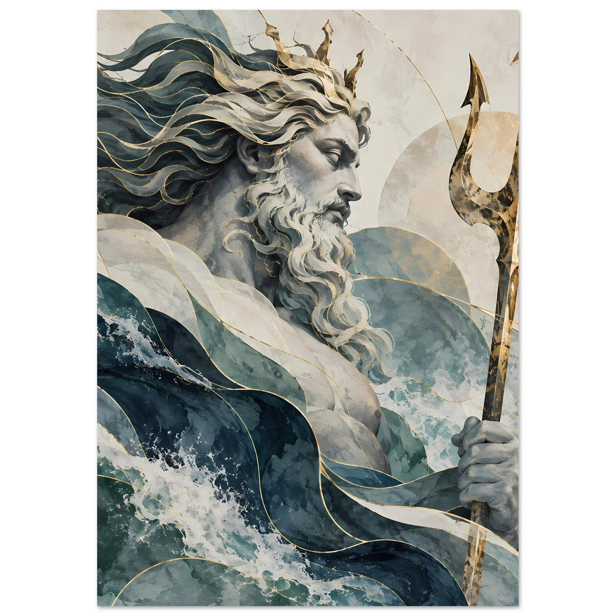 Wandposter im Detail: Neptunprofil mit Dreizack und blaugrünen Wellen.