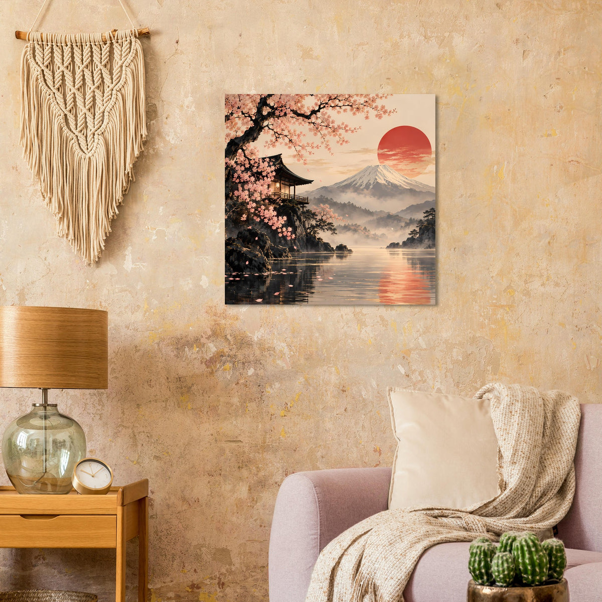 Quadratisches Wandposter: Kirschblüten über Berg Fuji, roter Sonnenball, Tempel und Wasserreflexion