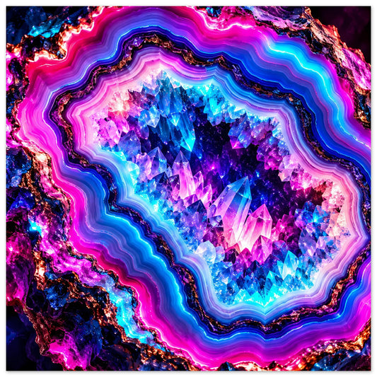 Neon-Kristallgeode Poster mit buntem Geodenmotiv in Pink, Blau und Violett