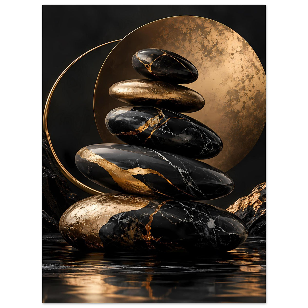 Poster mit Zen-Steinen in Schwarz und Gold, goldene Kreislinien und stehende Steinschichtung
