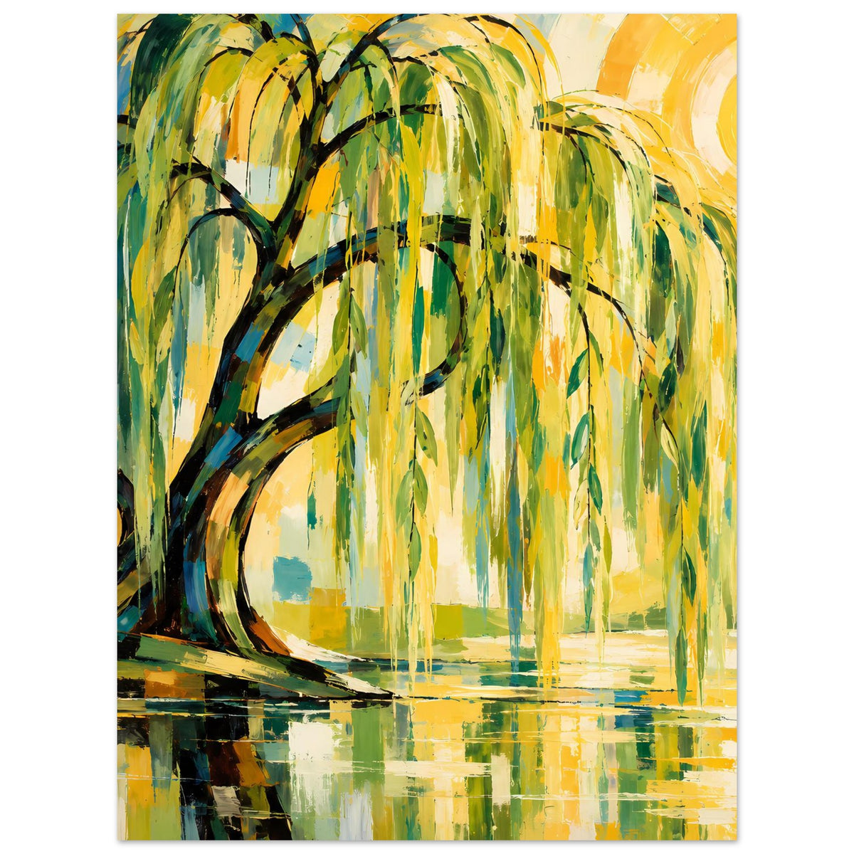 Weidenbaum-Poster mit hängenden grünen Blättern, gelben Akzenten und reflektierender Fläche
