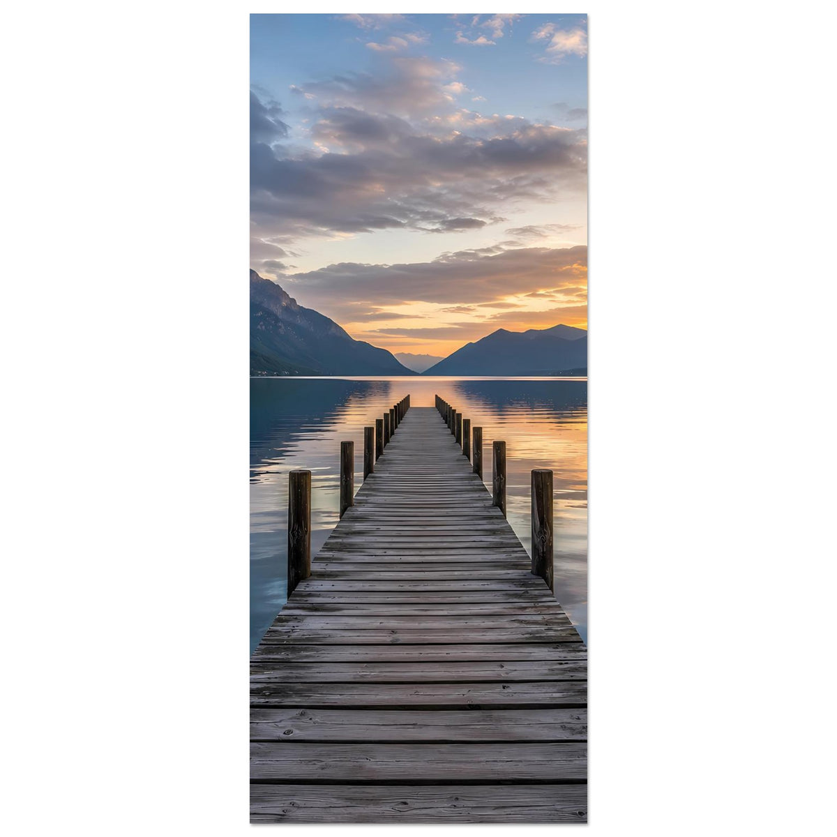 Hochformat-Poster mit Holzsteg am See bei Sonnenuntergang und Bergpanorama.
