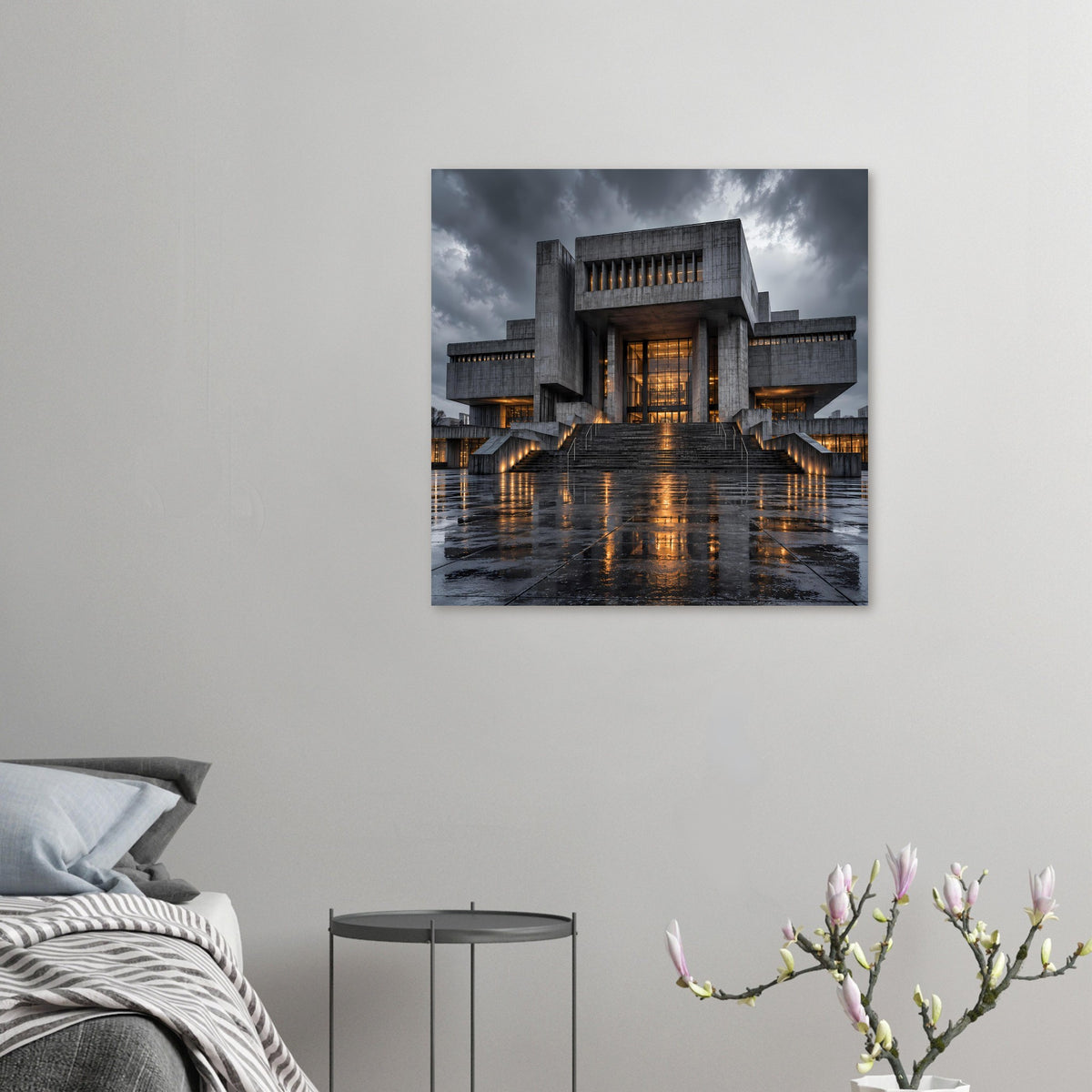 Architekturposter (klein) mit Betongebäude, warmem Innenlicht und Treppenstufen