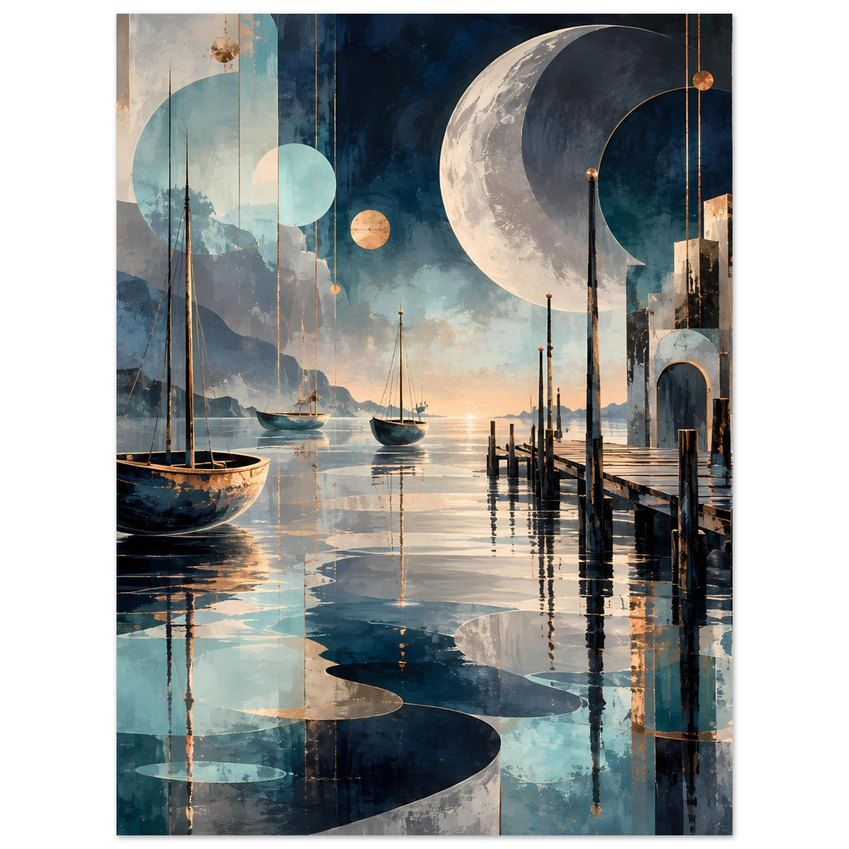 Maritimes Nachtposter mit großem Mond, Stegen, Segelboot auf ruhigem Wasser