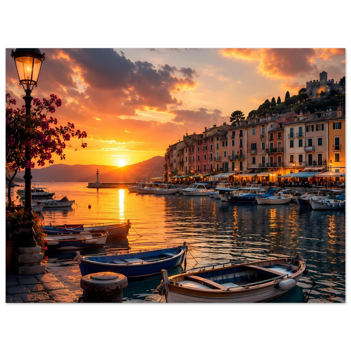 Hafen-Poster mit Sonnenuntergang, Liegeboote im Vordergrund und Häuserfront am Wasser.
